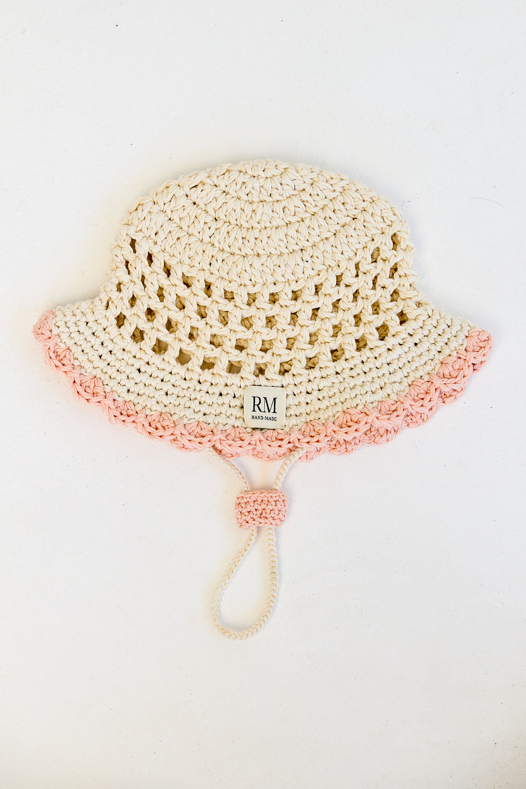 Kids Crochet Bucket Hat in Cream and Pink