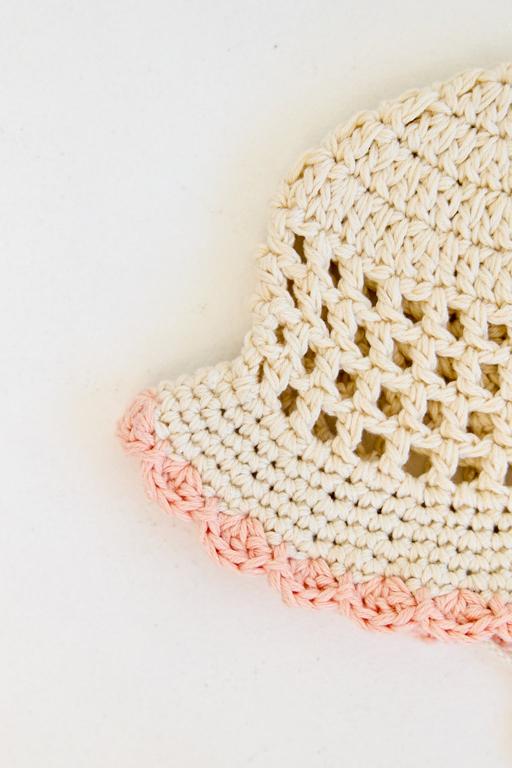 Kids Crochet Bucket Hat in Cream and Pink