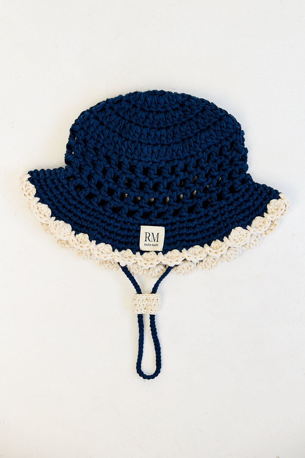 Kids Crochet Bucket Hat in Navy and Cream