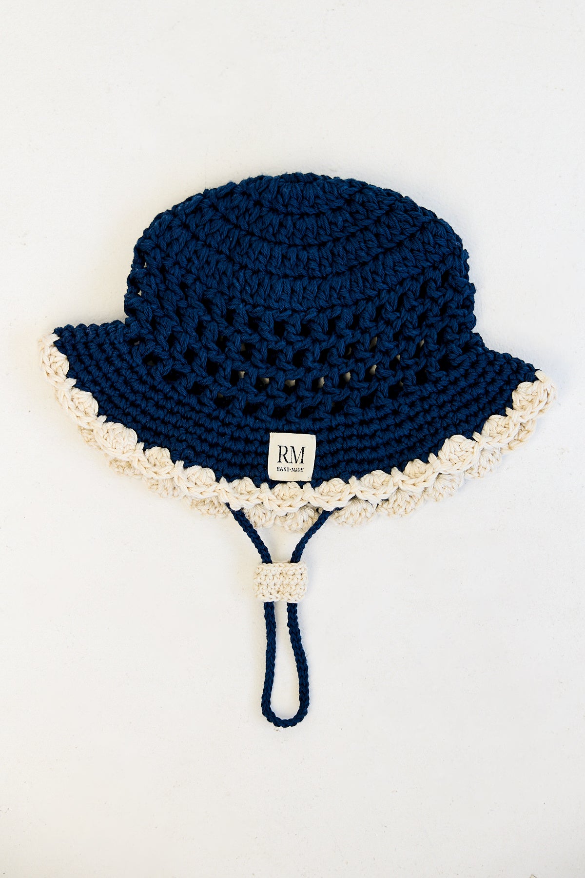 Kids Crochet Bucket Hat in Navy and Cream