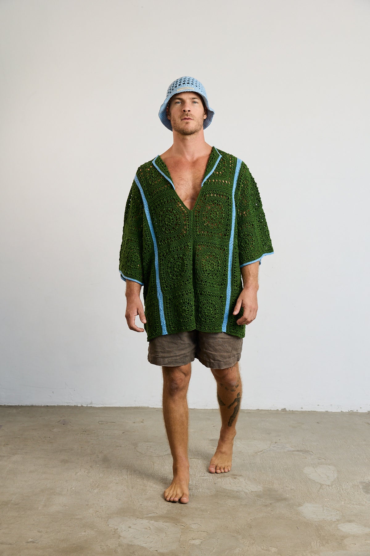 Mens Crochet Oversize Shirt - Green and Blue