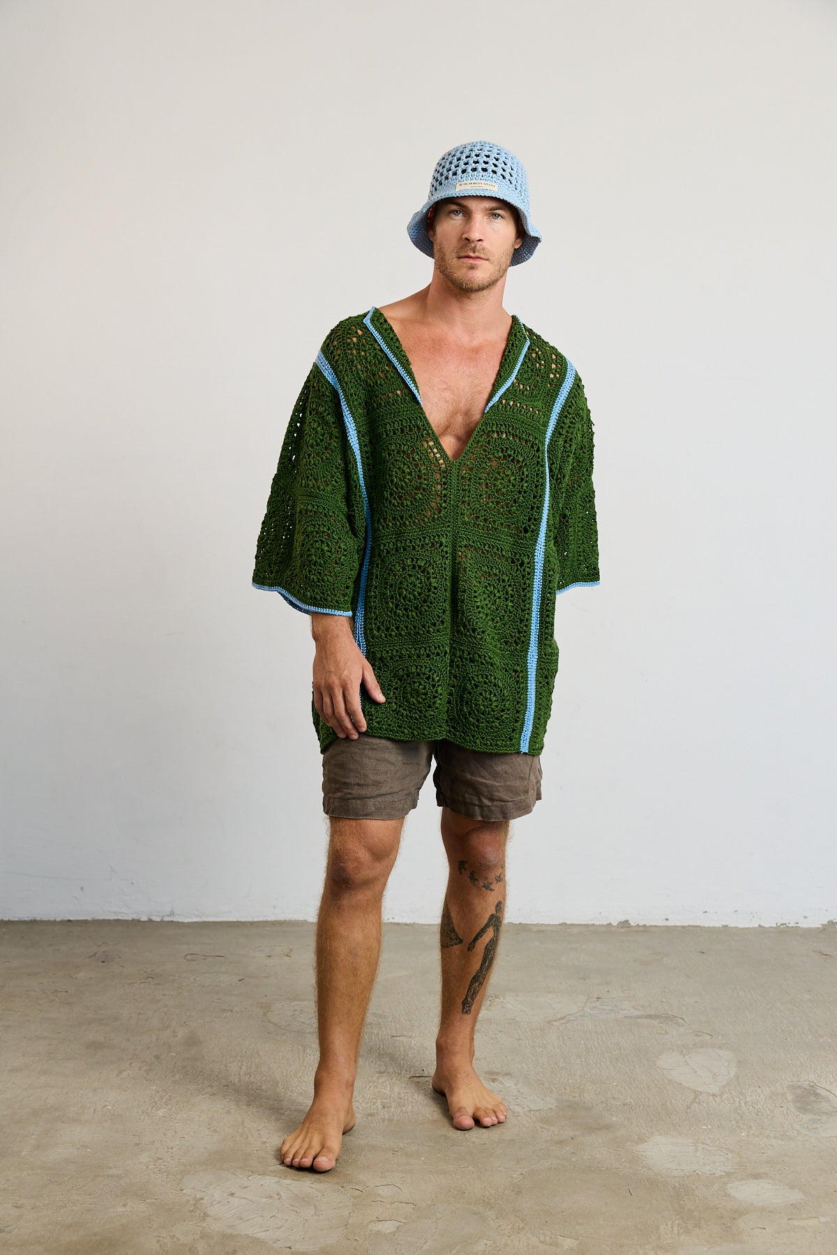 Mens Crochet Oversize Shirt - Green and Blue
