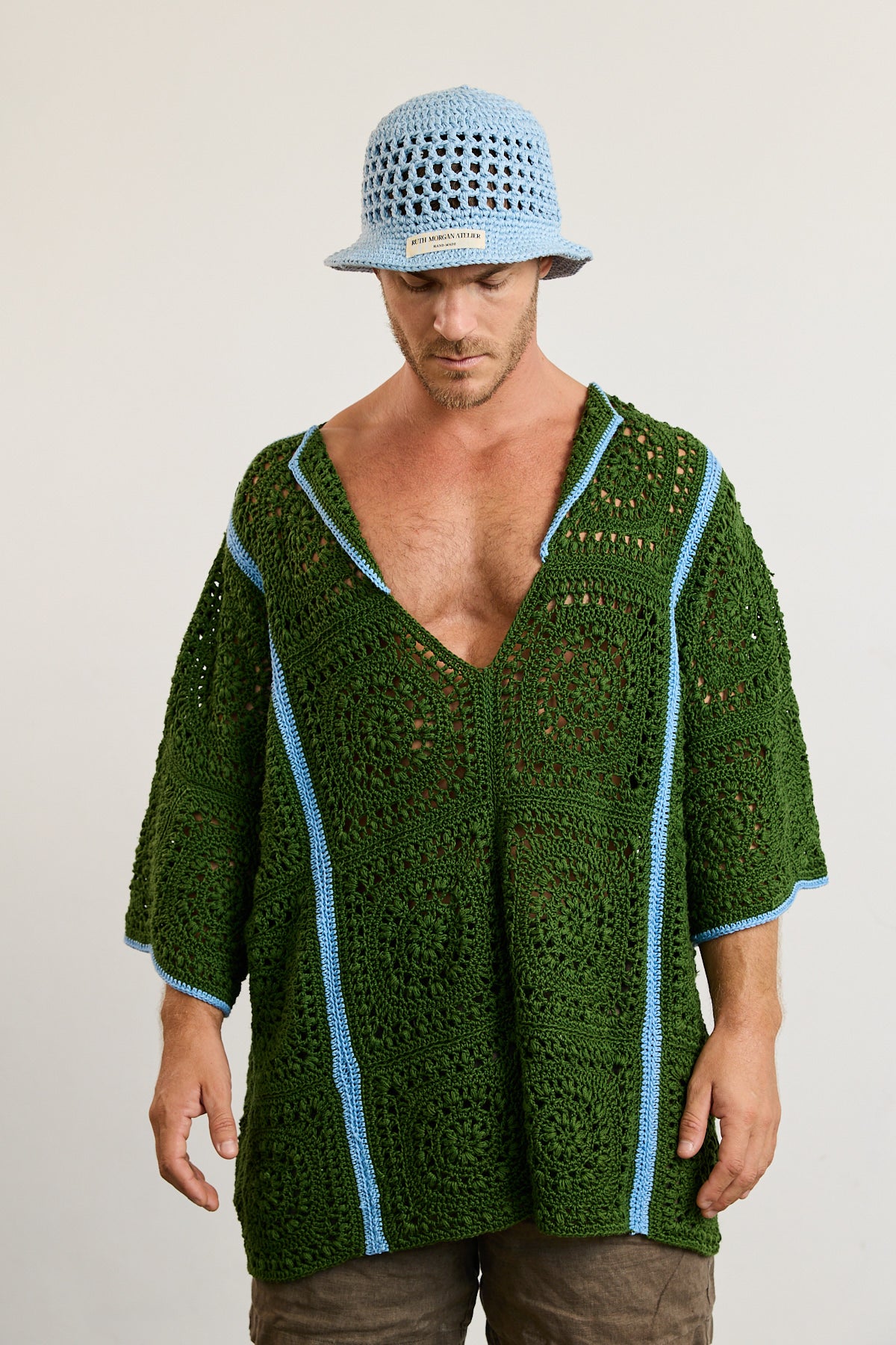 Mens Crochet Oversize Shirt - Green and Blue