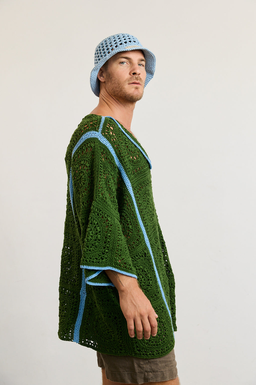 Mens Crochet Oversize Shirt - Green and Blue