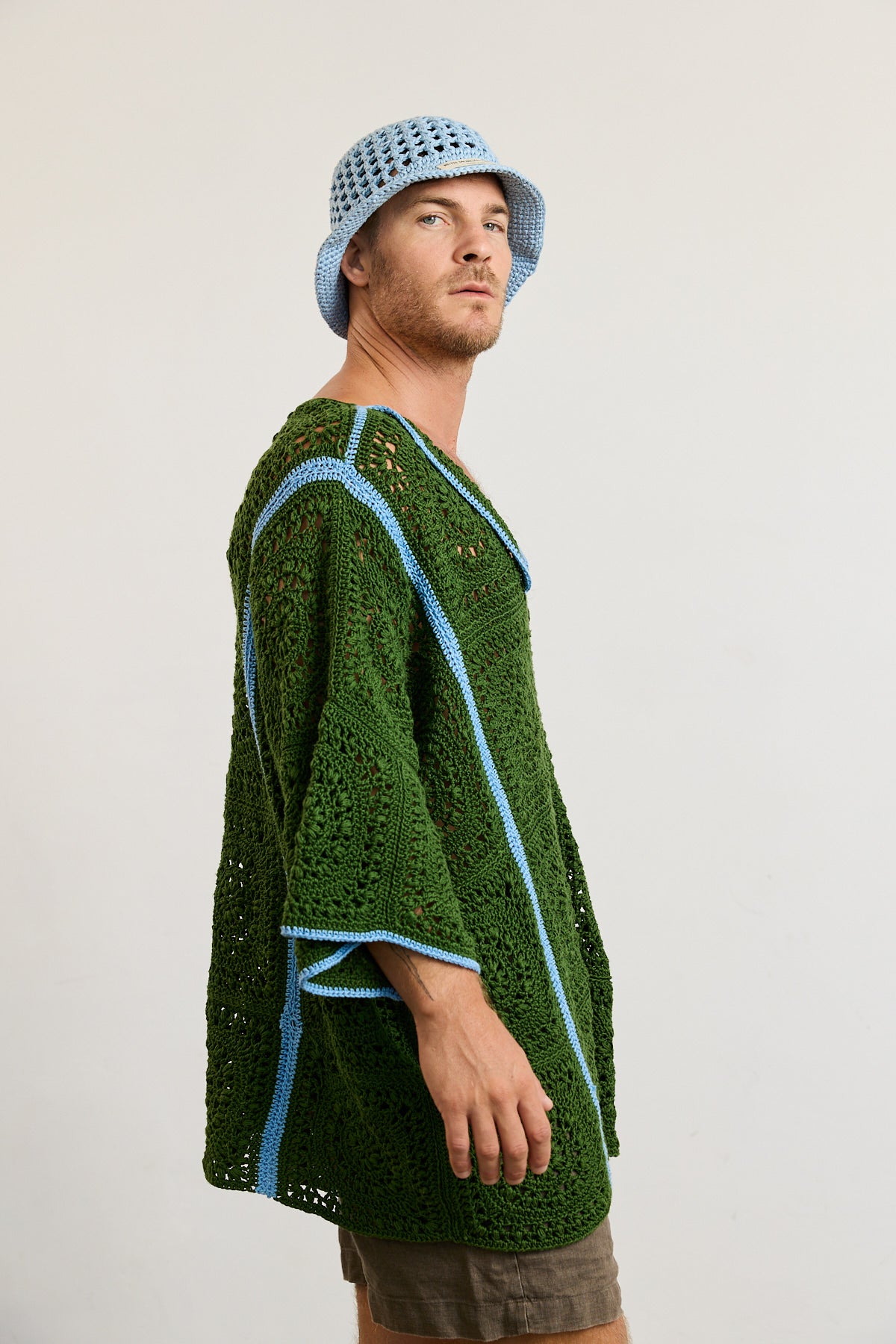 Mens Crochet Oversize Shirt - Green and Blue