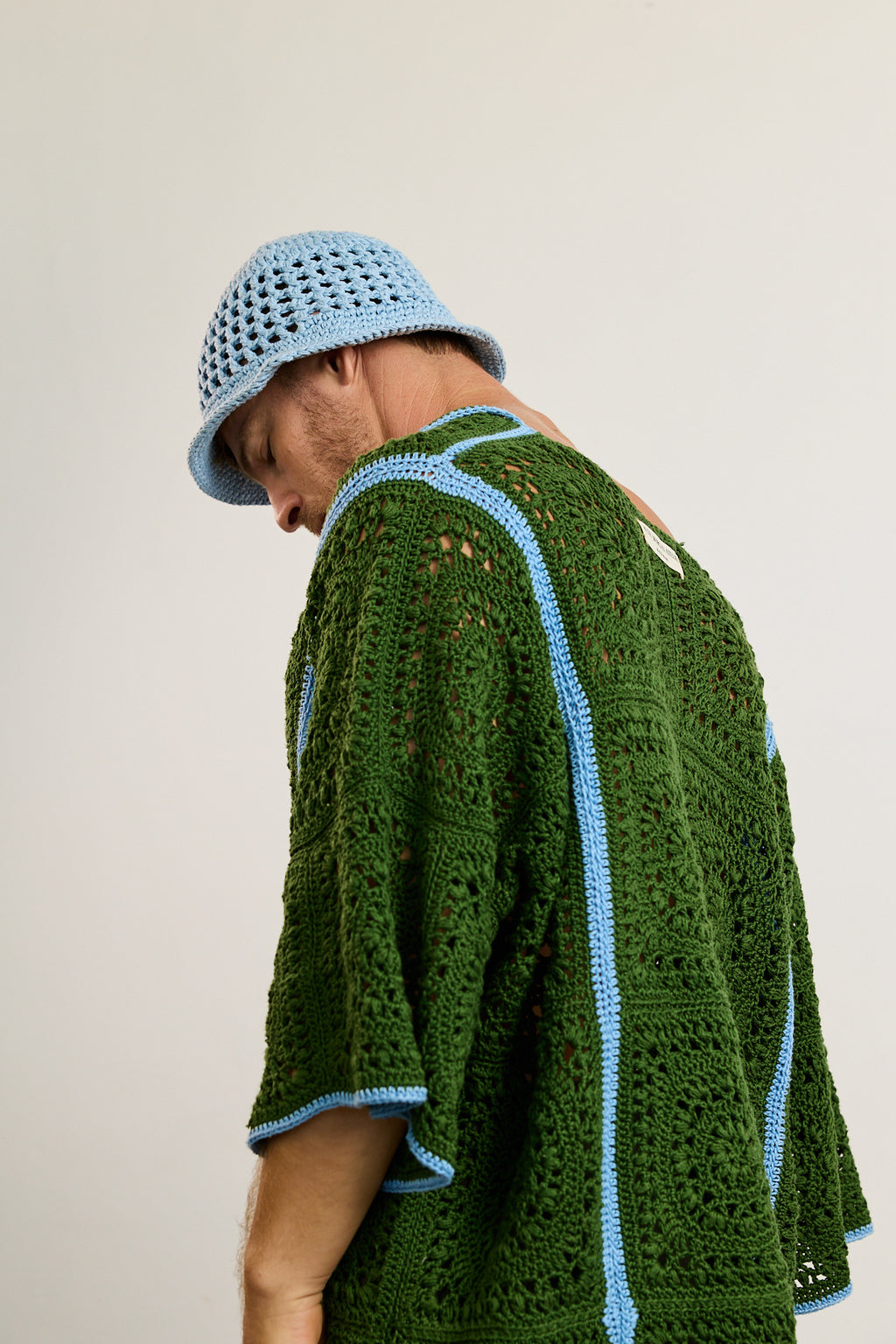 Mens Crochet Oversize Shirt - Green and Blue