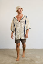 Mens Crochet Oversize Shirt - Cream and Navy