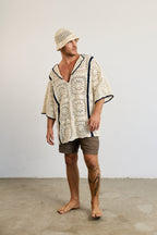 Mens Crochet Oversize Shirt - Cream and Navy