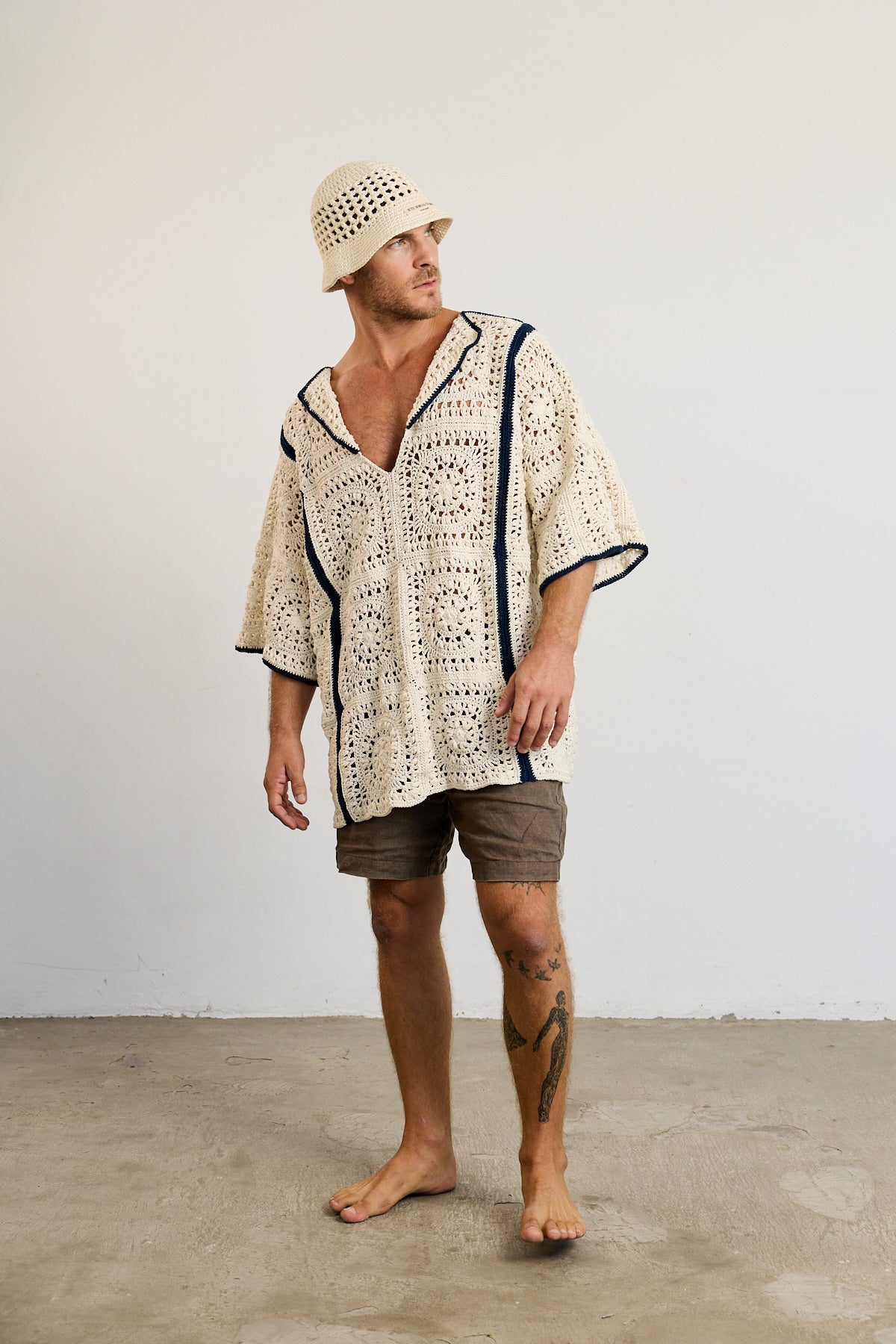 Mens Crochet Oversize Shirt - Cream and Navy