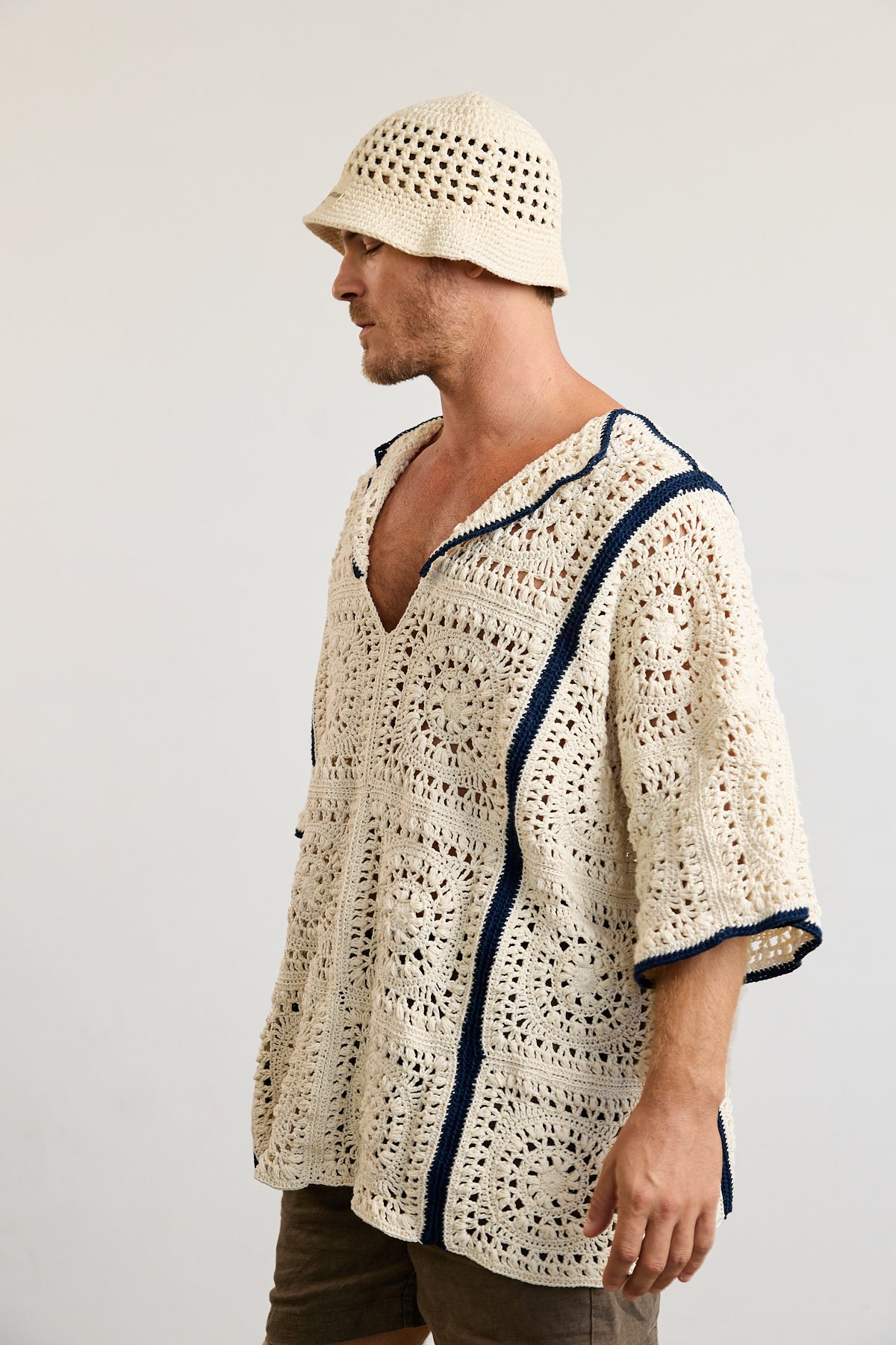 Mens Crochet Oversize Shirt - Cream and Navy