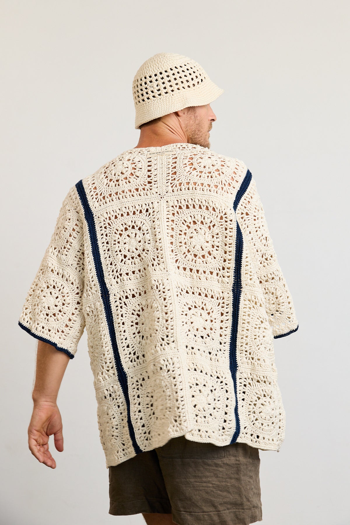 Mens Crochet Oversize Shirt - Cream and Navy