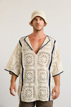 Mens Crochet Oversize Shirt - Cream and Navy