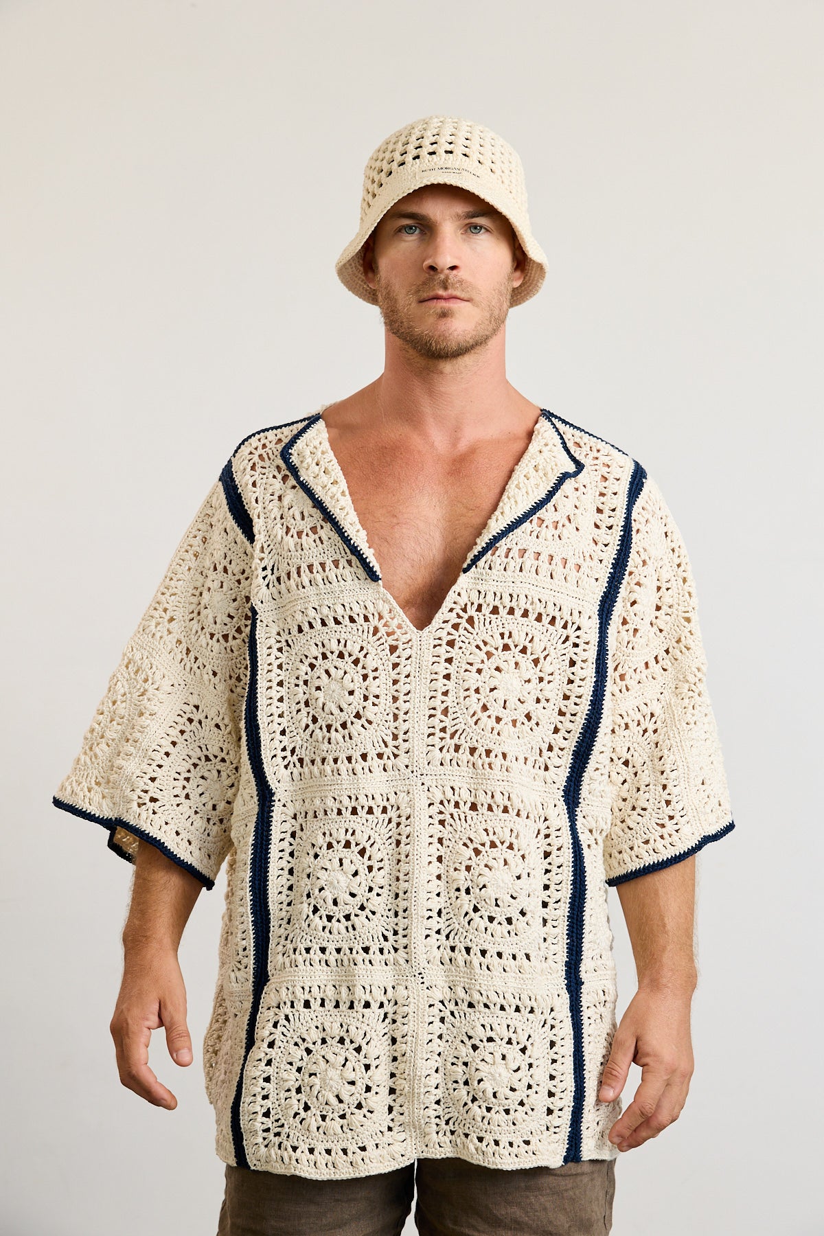 Mens Crochet Oversize Shirt - Cream and Navy