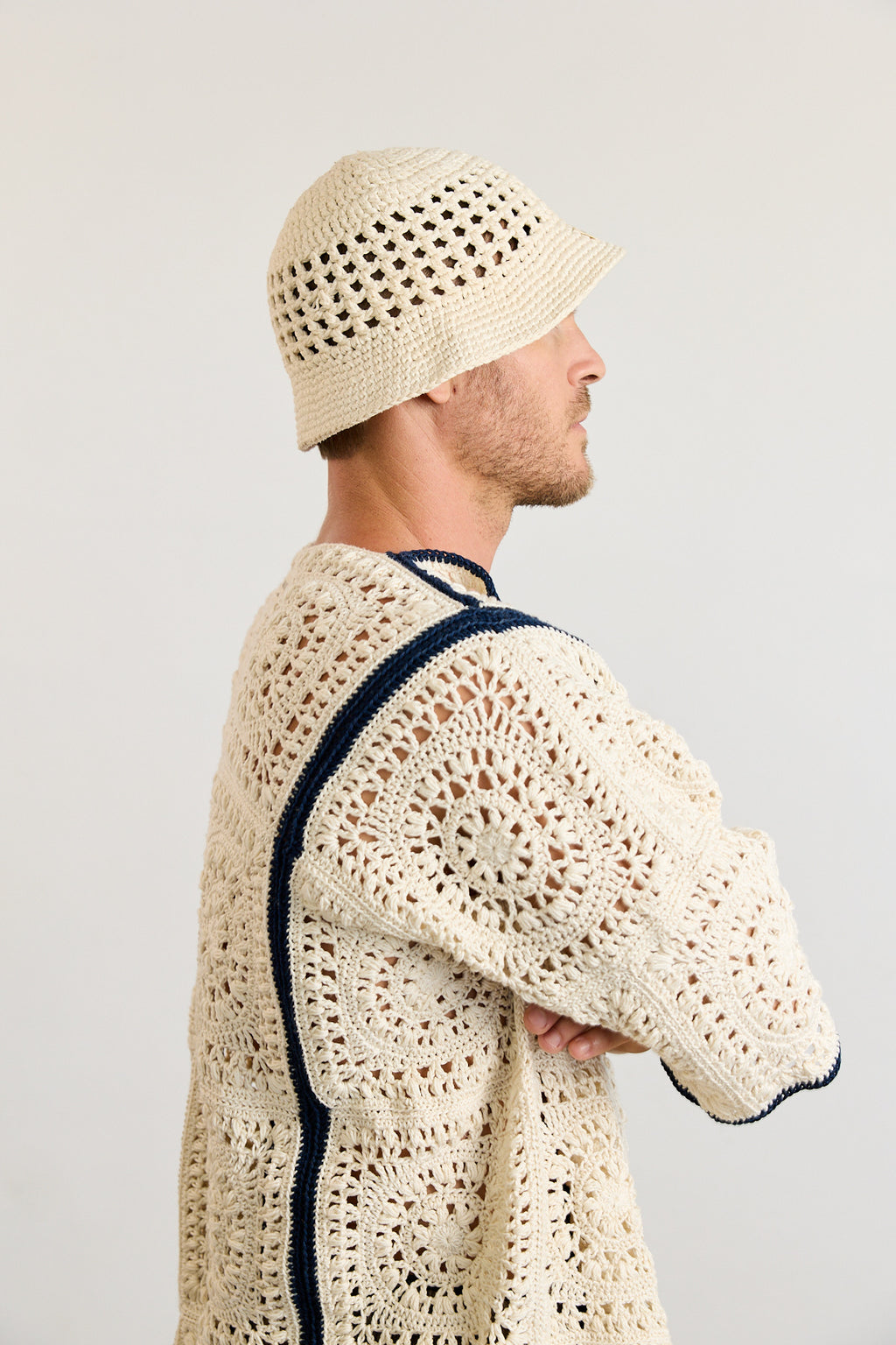Mens Crochet Oversize Shirt - Cream and Navy